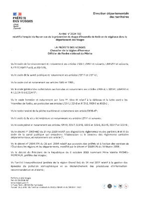 AP 2024_102 relatif à l’emploi du feu en vue de la prévention du risque d’incendie de forêts et de végétaux sur le département des Vosges