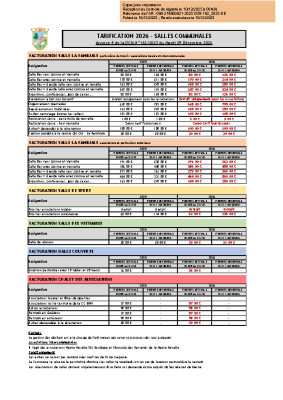 Tarifs 2026 location salles communales