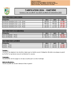 2026 – CIMETIERE Délibération Tarification